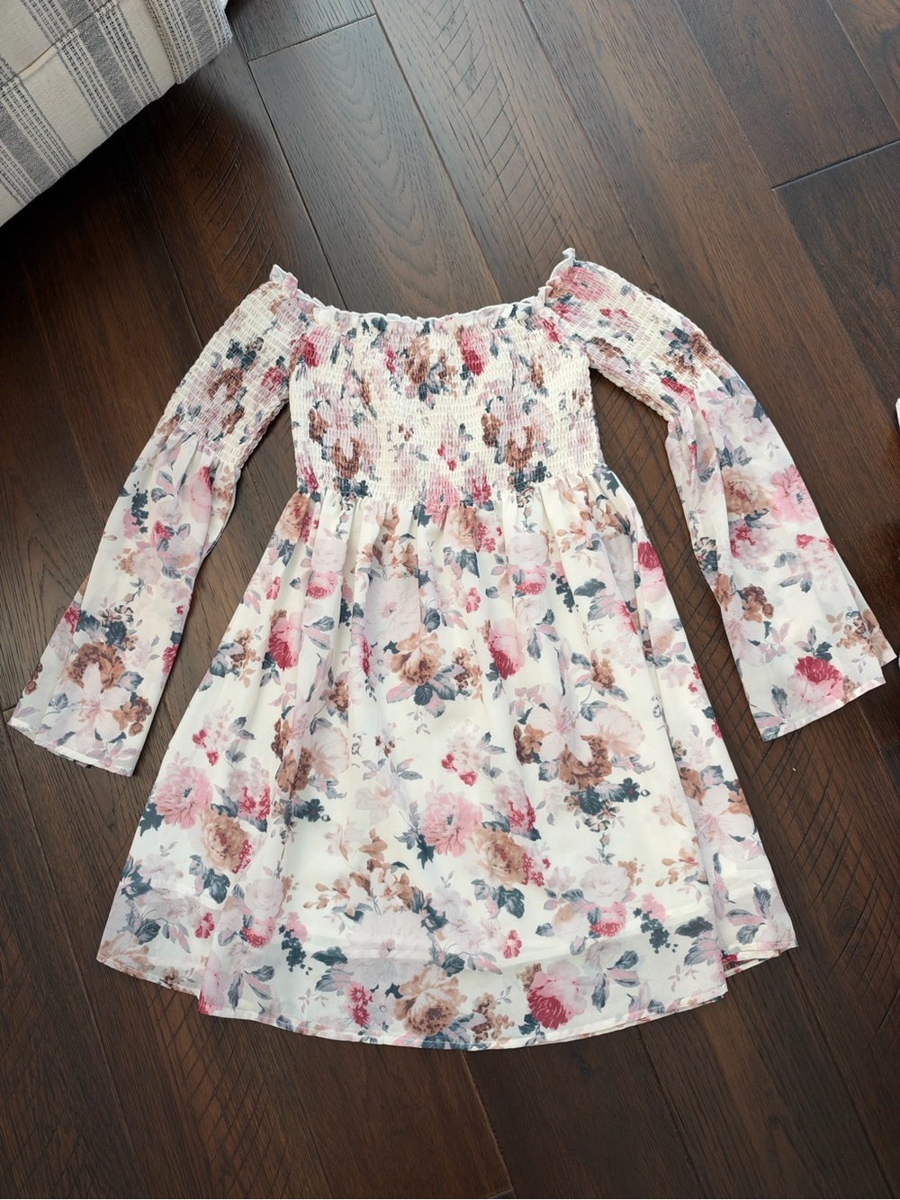 Smocked Off Shoulder trulpet Sleeve Dress Floral Mini Dress